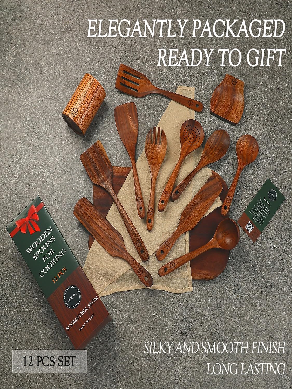 Skiennix 12-Piece Natural Teak Wood Utensil Set - Nonstick Cooking Tools with Holder & Rest