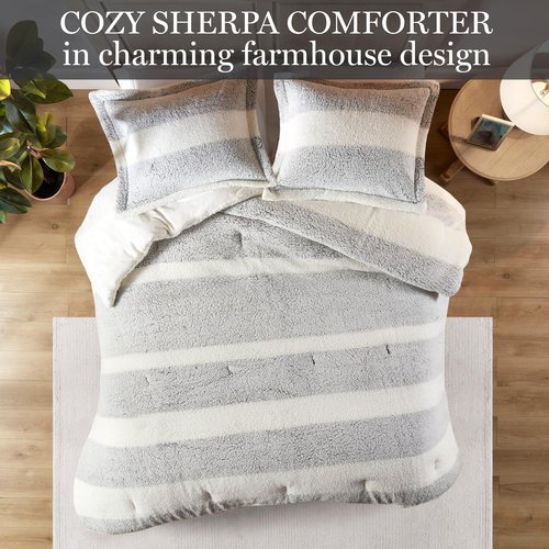 Madison Park King Comforter Set Sherpa Farmhouse Stripes, Faux Mink Reverse, Soft & Fluffy, Medium Weight Winter Comforter King Warm Bedding Set, 2 Shams, Hollis, King/Cal King Gray/Ivory 3 Piece
