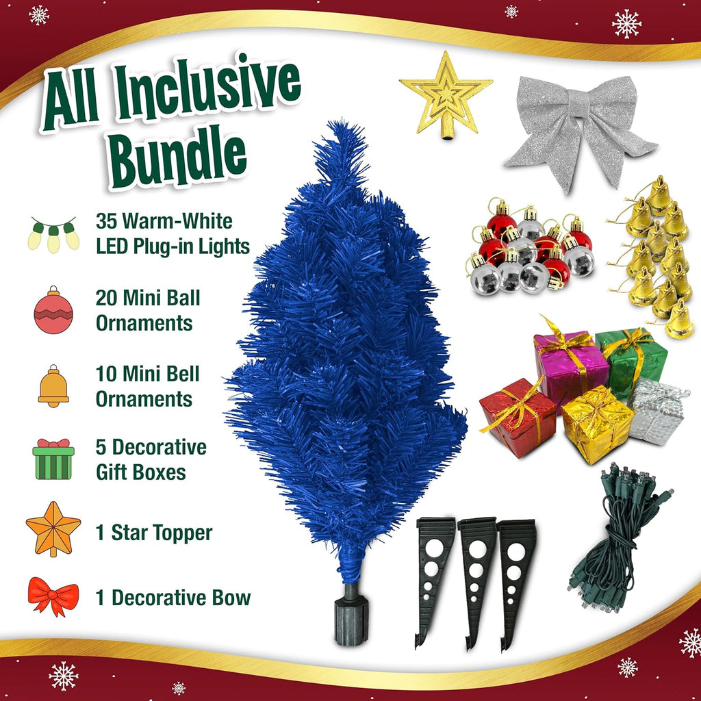 Small Blue Christmas Tree - 23 Inch Mini Tabletop Tree with Warm-White LED Lights & Ornaments