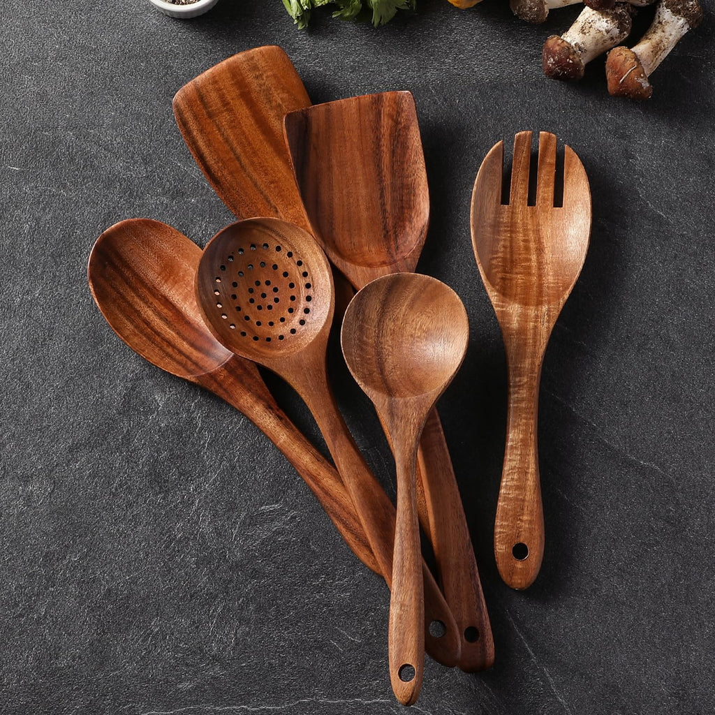 Premium Teak Wooden Spoons for Cooking, 6-Piece Wood Kitchen Utensils Set for Nonstick Cookware - Heat Resistant, Natural Healthy Spatula Set with Hanging Holes - Durable, Scratch-Free & Handcrafted