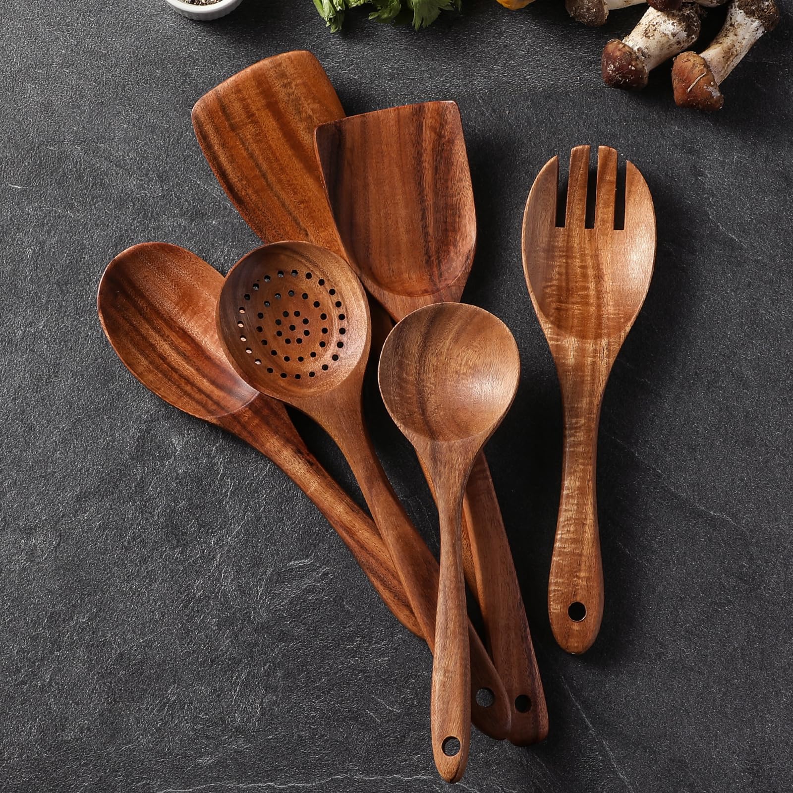 Premium Teak Wooden Spoons for Cooking, 6-Piece Wood Kitchen Utensils Set for Nonstick Cookware - Heat Resistant, Natural Healthy Spatula Set with Hanging Holes - Durable, Scratch-Free & Handcrafted