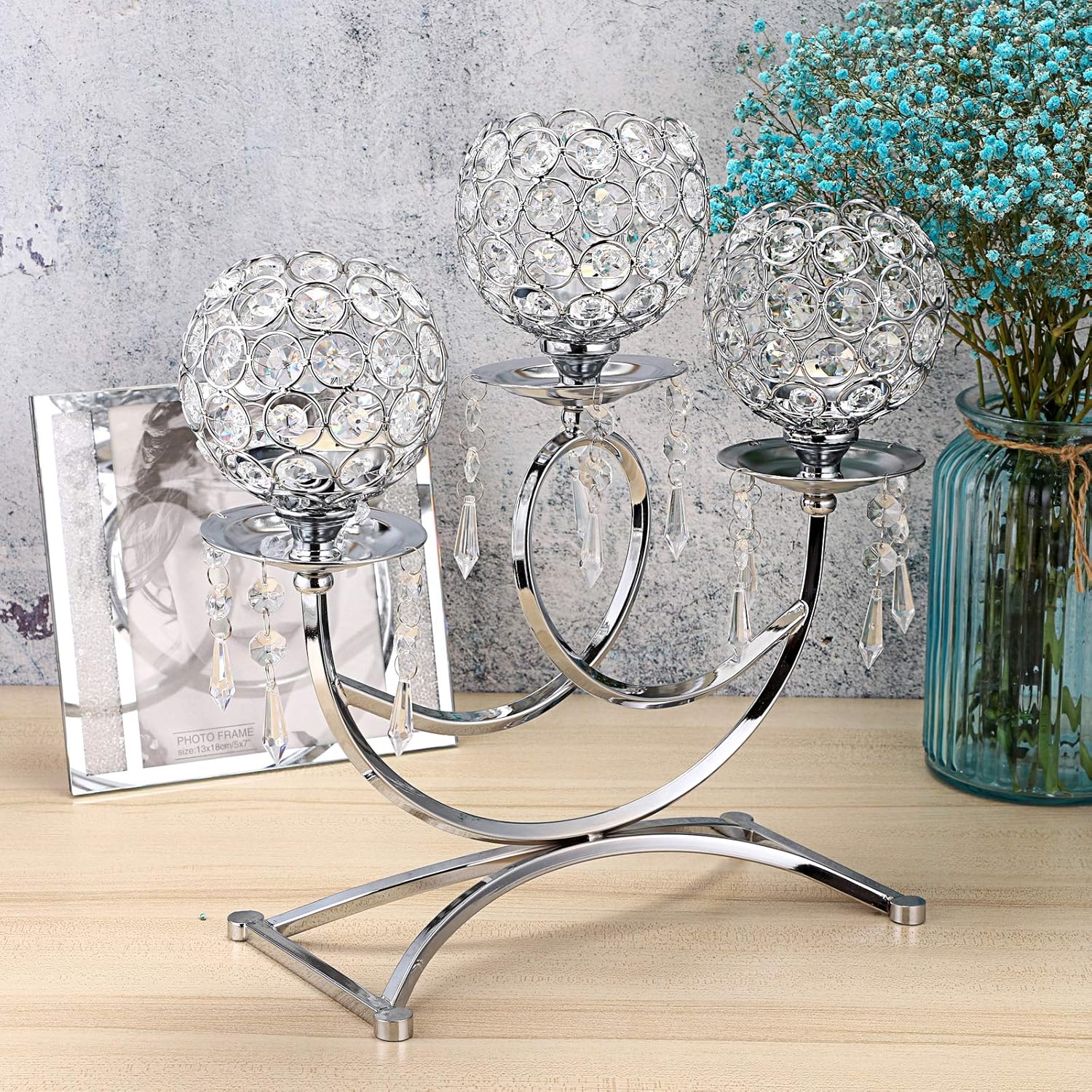 OwnMy Crystal Candle Holders - Elegant 3-Arms Tealight Candelabra for Weddings & Home Decor | Silver