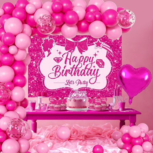 Pink Birthday Party Decorations for girls,Birthday Banner,Pink Backdrop,Hot Pink Balloons Party Decorations