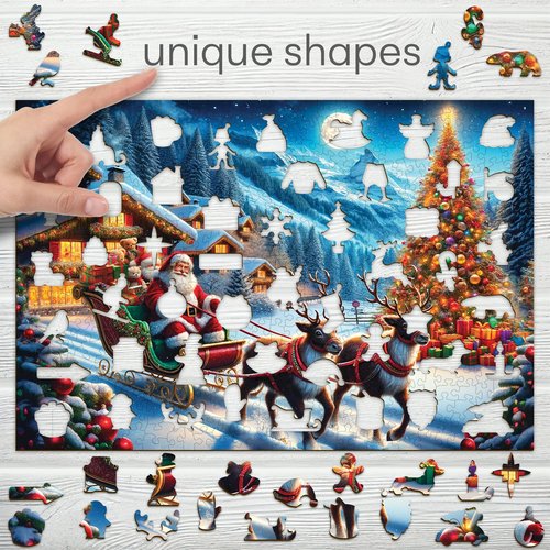 WOODEN.CITY 500-Piece Wooden Puzzle – Santa's Sleigh with 50 Christmas-Themed Shaped Pieces, 15.5 x 10.5 in – Designed and Made in the EU