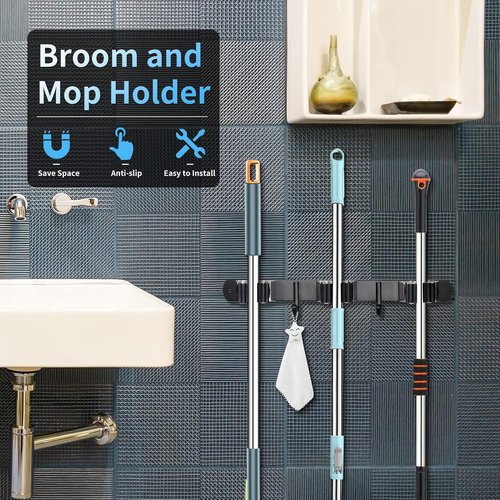 Huryfox Heavy-Duty Stainless Steel Broom Holder - Adjustable Wall Mount with 3 Racks & 2 Hooks | Black, Fits 1-4 cm Diameter