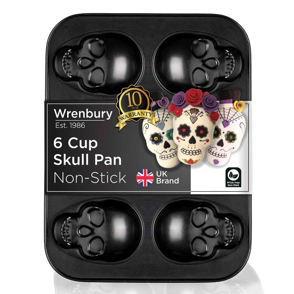 Wrenbury Large Skull Baking Pan - 6 Cup Metal Muffin Tin for Pizza Cupcakes