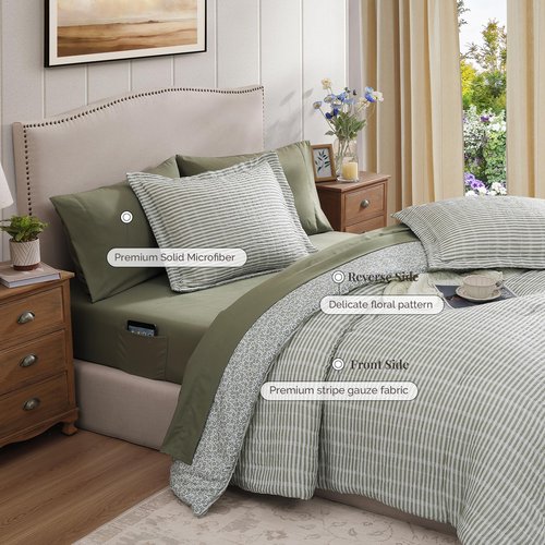BLOOMHAVEN Queen Comforter Set - 7 Pieces Green Bedding Sets for All Seasons, Lightweight Soft Bed in a Bag Queen with Revesible Farmhouse Comforter, Sheets, Pillowcases & Shams