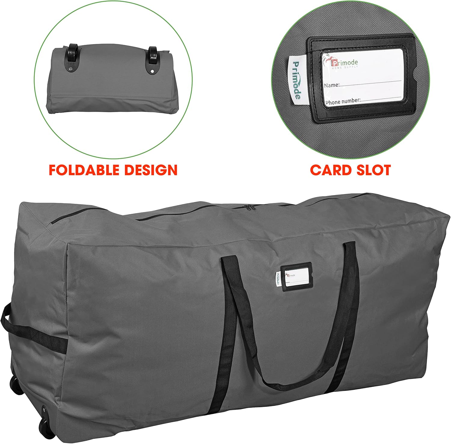 Primode Rolling Tree Storage Bag - Heavy Duty Container with Wheels | Fits Up to 7.5 Ft Disassembled Tree - Gray, 22" H x 16" W x 50" L