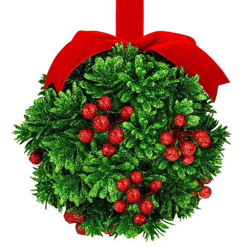 5" Glitter Mistletoe Kissing Ball Christmas Ornament - Hanging Mistletoe Decoration for Doorway - Kiss Mistletoe Ornament - Christmas Mistletoe Ball with Red Berries Friendship Holiday Decoration