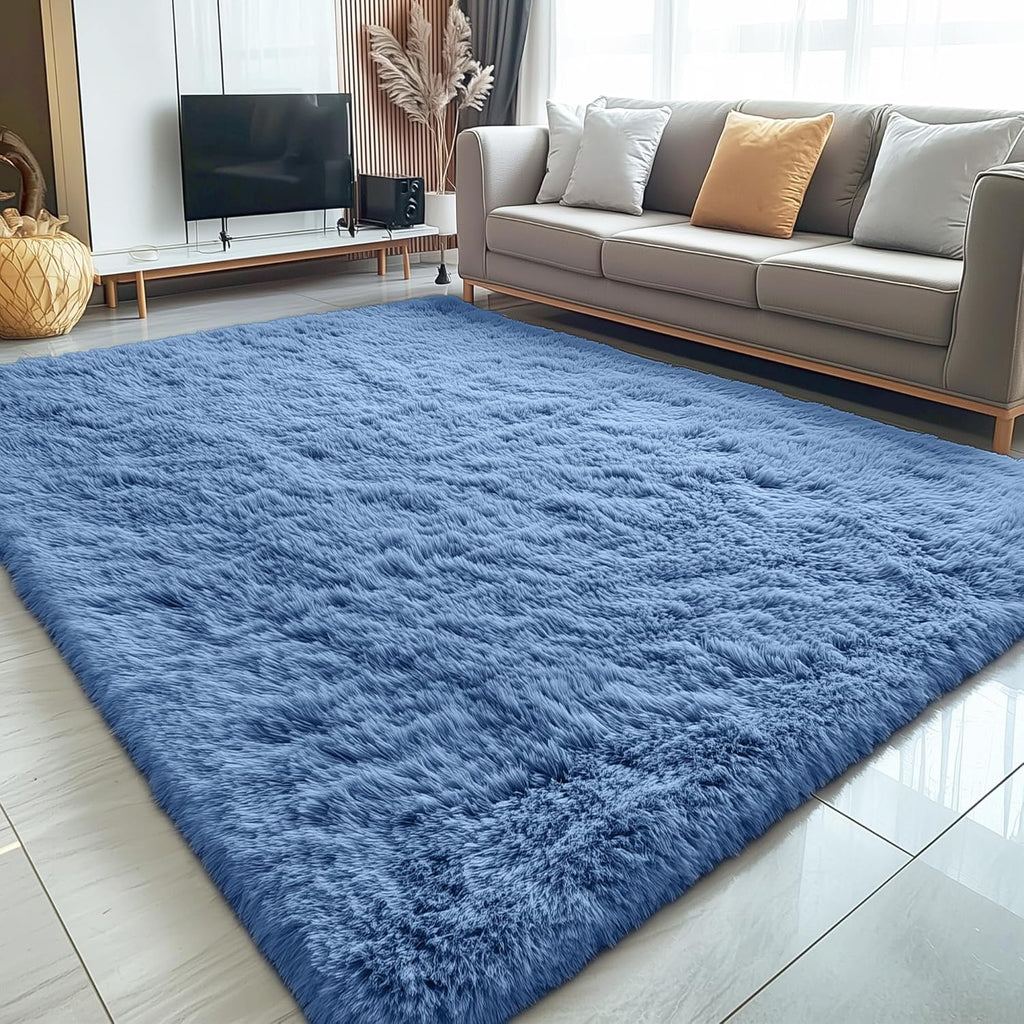 OLANLY Large Area Rugs - Soft Fluffy Shaggy Indoor Carpet for Living Room & Bedroom | 5x8 Blue