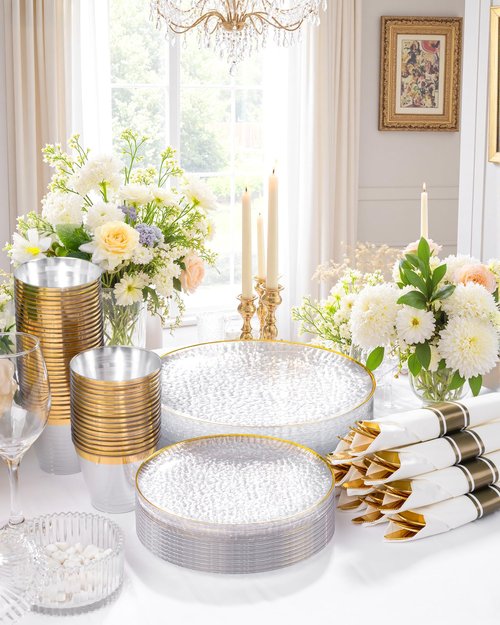 Hioasis 350pcs Clear Gold Plastic Plates - Clear Plastic Dinnerware Set Includes 50 Dinner Plate, 50 Dessert Plate, 50 Cups, 50 Napkins Perfect for Wedding & Party