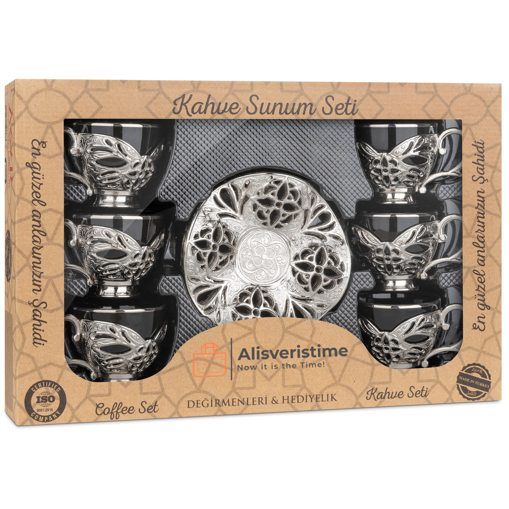Alisveristime Turkish Coffee Set for Six, 6 Black Porcelain Cups with Gilded Rims, Zamac Holders and Saucers, Two Color Variations: Gold and Silver (Gilded-Design) (Silver)