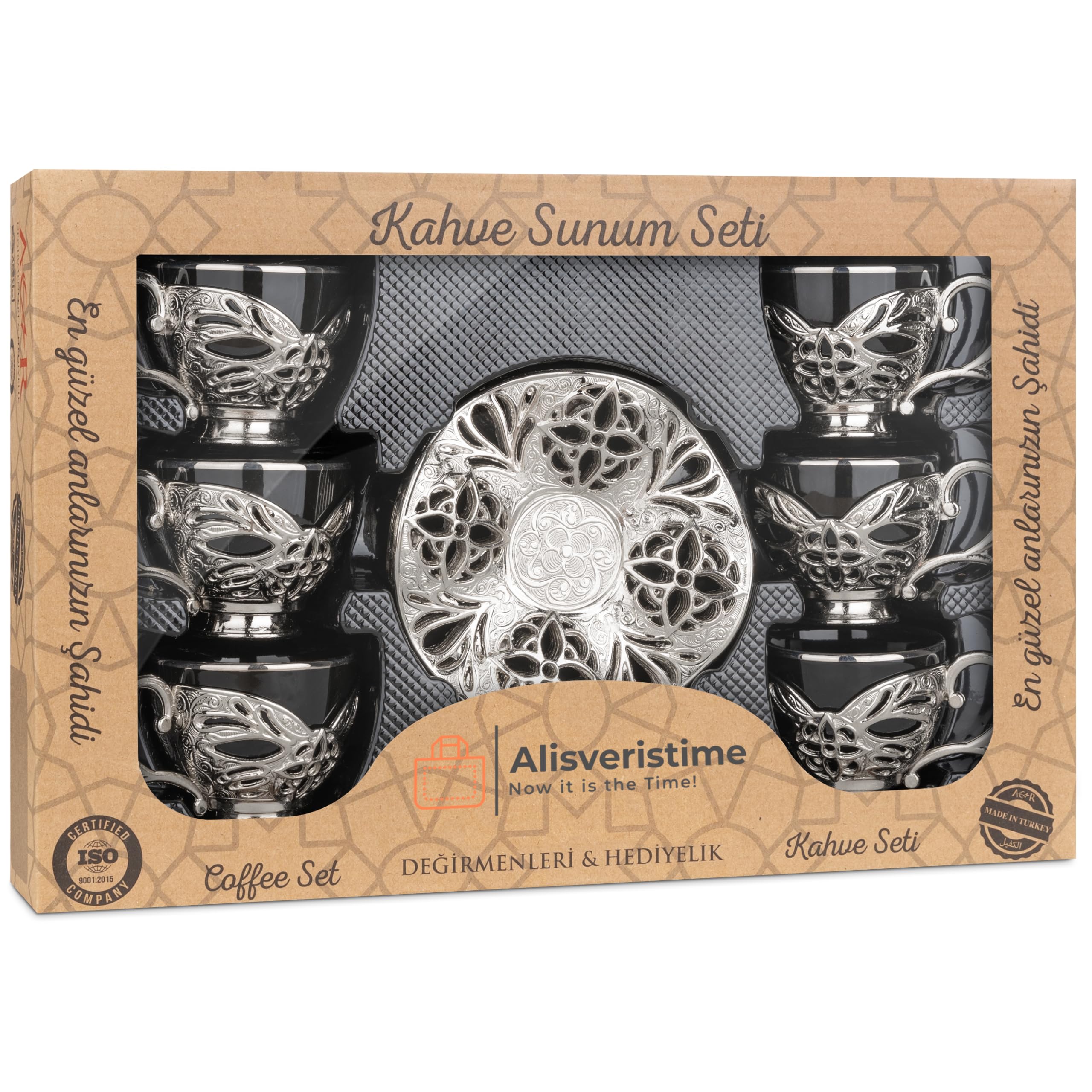 Alisveristime Turkish Coffee Set for Six, 6 Black Porcelain Cups with Gilded Rims, Zamac Holders and Saucers, Two Color Variations: Gold and Silver (Gilded-Design) (Silver)
