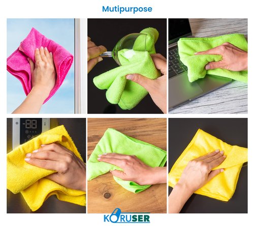 KORUSER Microfiber Cleaning Cloths - Reusable and Washable - Multi Purpose Indoor/Outdoor Cleaning/Dusting/Polishing on Kitchen/Bathroom/Auto Surfaces (12 Pack/High Grammage)