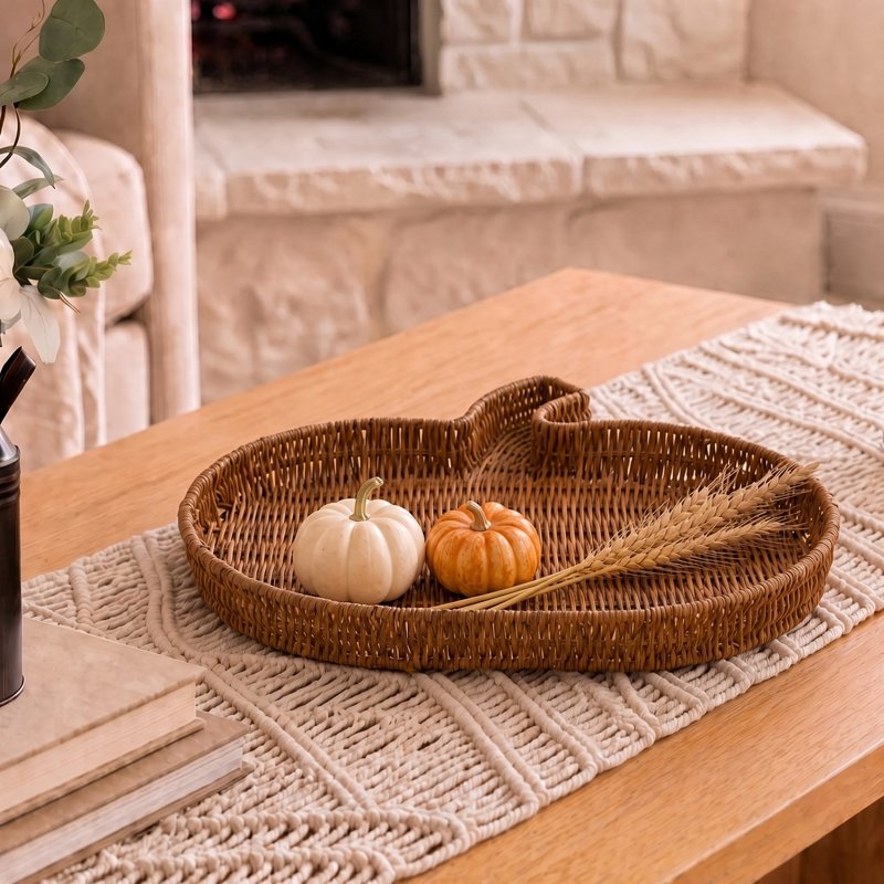 Fall Rattan Pumpkin-Shaped Decorative Tray 15 Inch for Seasonal Display