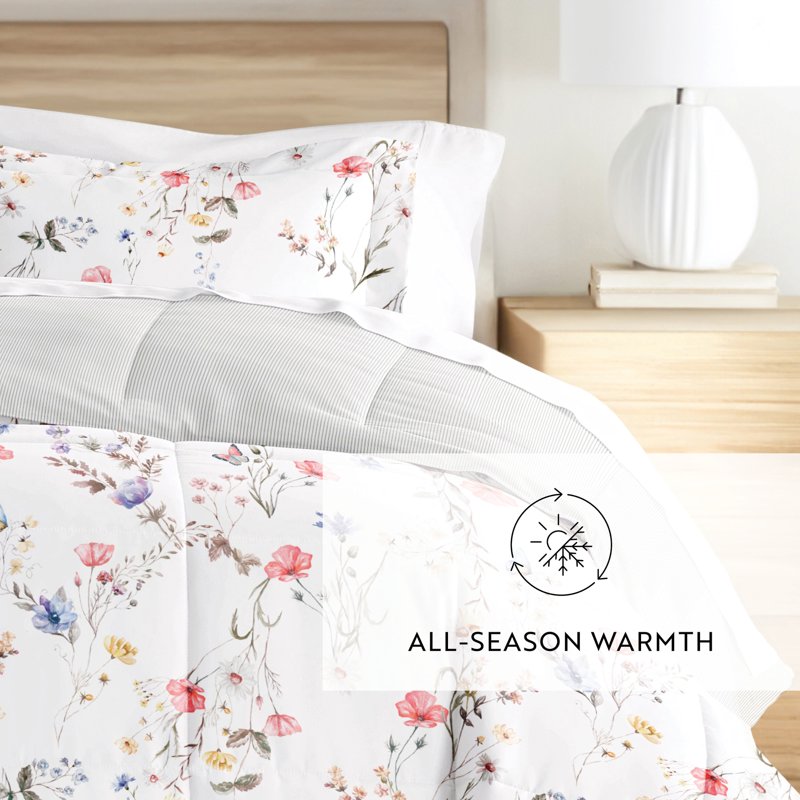 Twin Down Alternative Meadow Floral Stripe Pink Reversible Comforter Set - White Floral