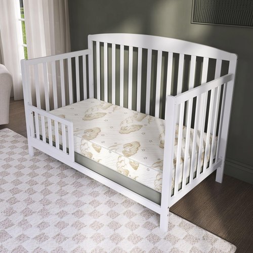 Dream On Me Sweet Dreams 88 Coil Spring Crib and Toddler Bed 6" Mattress in Blue, Green Guard Gold Certified, Beige Cloud Vinyl Cover with Baby, 17 lb