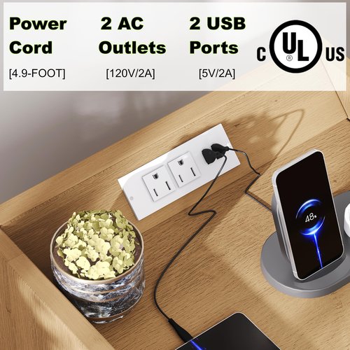 Keehusux Night Stands Set of 2, 13.8"W Nightstands with Charging Station, Boho End Table with LED Lights, Rattan Bed Side Table with Drawer & Metal Handle, Solid Wood Feet, for Bedroom, Dorm, Natural