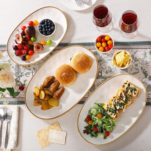 CULIVORA Ceramic Oval Serving Platter with Brown Rim: 15.6/14.3/12.9 Inch Large Serving Dishes for Entertaining Party, Turkey, Steak, Ham, Microwave Dishwasher Safe