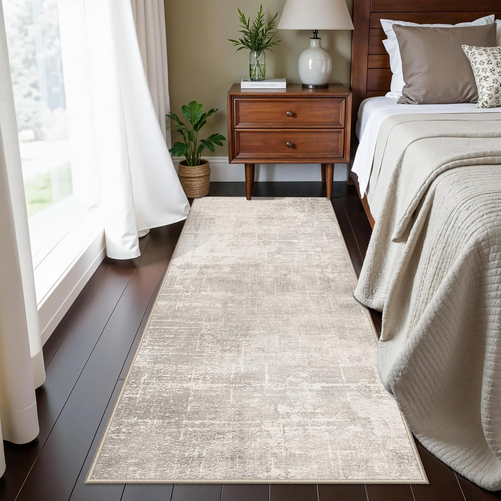 Skiennix Washable Kitchen Runner Rug - Abstract Water-Resistant Design | Soft Low Pile 2x5 Beige/Cream
