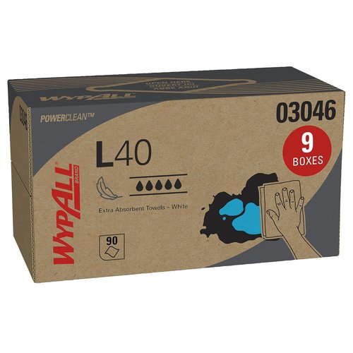 WypAll PowerClean L40 Cloths Extra Absorbent Wipes (03046), Pop-Up Box, Bulk Paper Wipers, White (9 Packs of 90 Sheets, 810 Sheet Total)