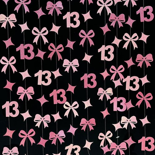 Glitter Pink 13th Bow Birthday Decorations Hot Pink Conquette Bow Garland Streamer Banner Backdrop for Girls Happy 13th Birthday Official Teenager Cheers to 13 Years Old Anniversary Party Supplies