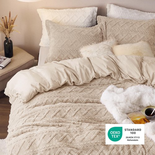 Bedsure Fluffy Flannel Duvet Cover Set - Faux Fur Comforter Cover Queen Size, Deep Beige Warm Plush Bedding for Winter, 3-Piece Set with Zipper Closure (90"x90") and 2 Pillow Shams