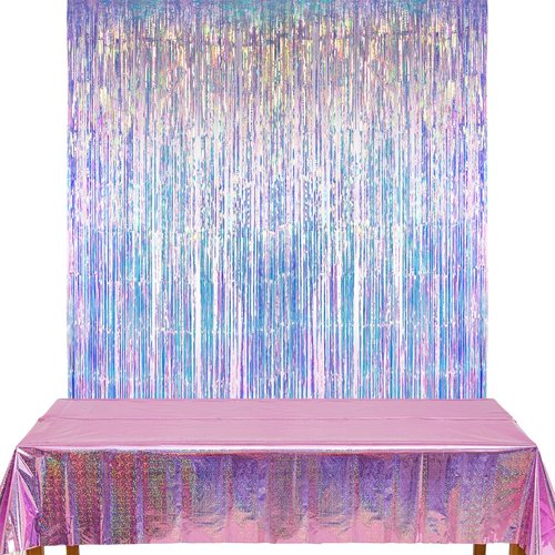 GREATRIL Iridescent Foil Fringe Curtains - 2 Pack with Pink Party Table Cloths - Perfect for Backdrop Decor