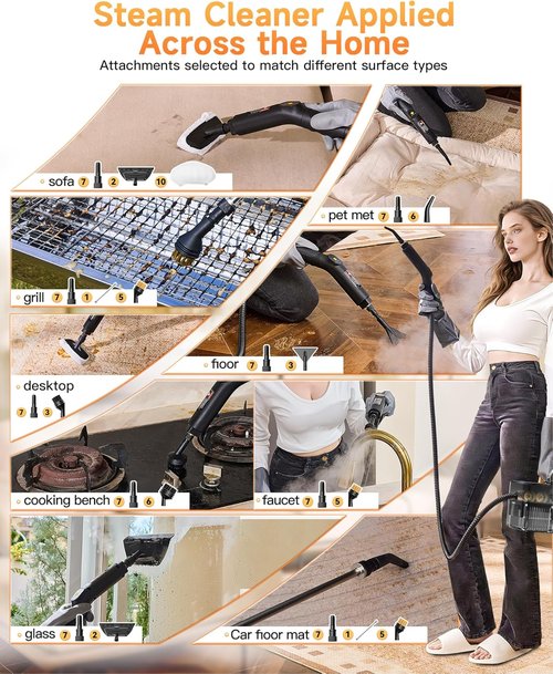 Gautye Steam Cleaner - Handheld Steamer with 3 Adjustable Levels & 18 Accessories | 2.11 Qt Tank