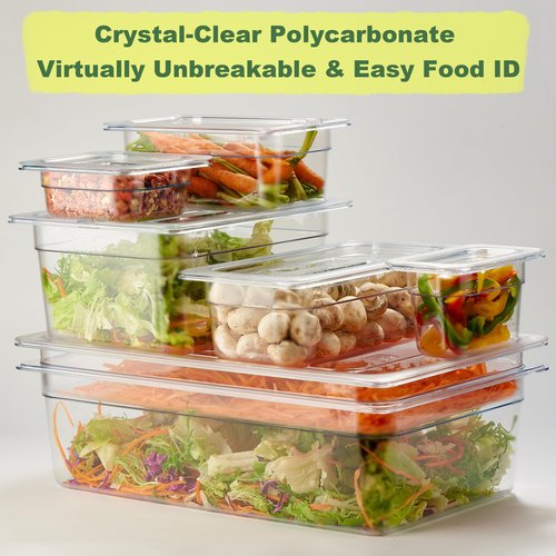 CURTA 6-Pack 1/6 Size 6" Deep NSF Polycarbonate Food Pans with Handled Lids & Drain Trays | Dishwasher & Freezer Safe Clear Container for Prep Tables, Buffet, Salad Bar, Commercial & Home Kitchen