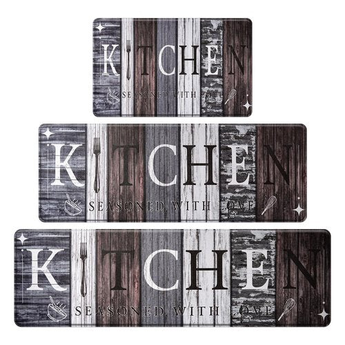 CHICNOOK PVC Farmhouse Kitchen Mats for Floor Set of 3, Wooden Board Theme Kitchen Rugs, Kitchen Rugs Non-Slip Washable, Anti Fatigue Kitchen Mat for Sink Office Laundry,18"x30"+18"x48"+18"x60" Inches