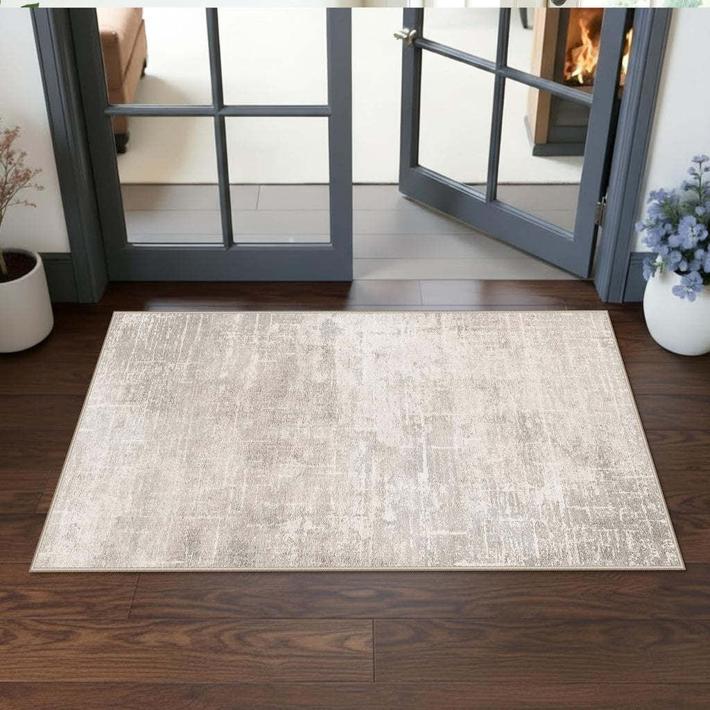 Skiennix Washable Area Rug - Abstract Water Resistant Non-Slip Doormat | Ultra Soft 2x4 Beige/Cream