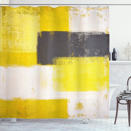 Ambesonne Grey and Yellow Shower Curtain, Abstract Grunge Style Brushstrokes Painting Style, Fabric Bathroom Decor Set with Hooks, 105" Extra Wide, White Charcoal Grey and Pale Yellow