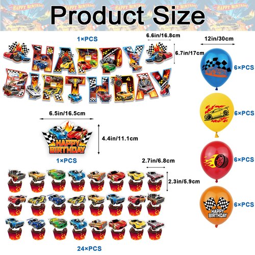 52Pcs Hot Car Birthday Party Decorations, Birthday Party Supplies for Hot Car Includes Banner, Backdrop, 24 Balloons, Cake Topper, 24 Cupcake Toppers, TableCloth