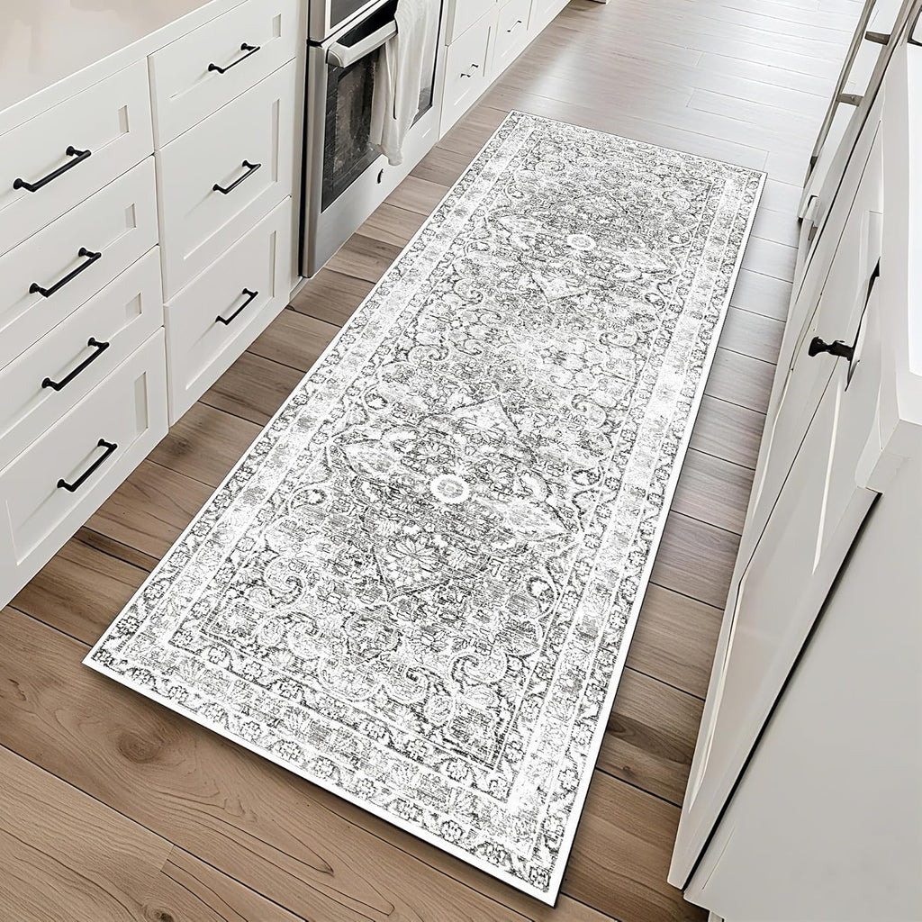 Skiennix Vintage Washable Runner Rug - Soft Non-Slip Backing | Stain Resistant Gray Mat for Hallway & Kitchen