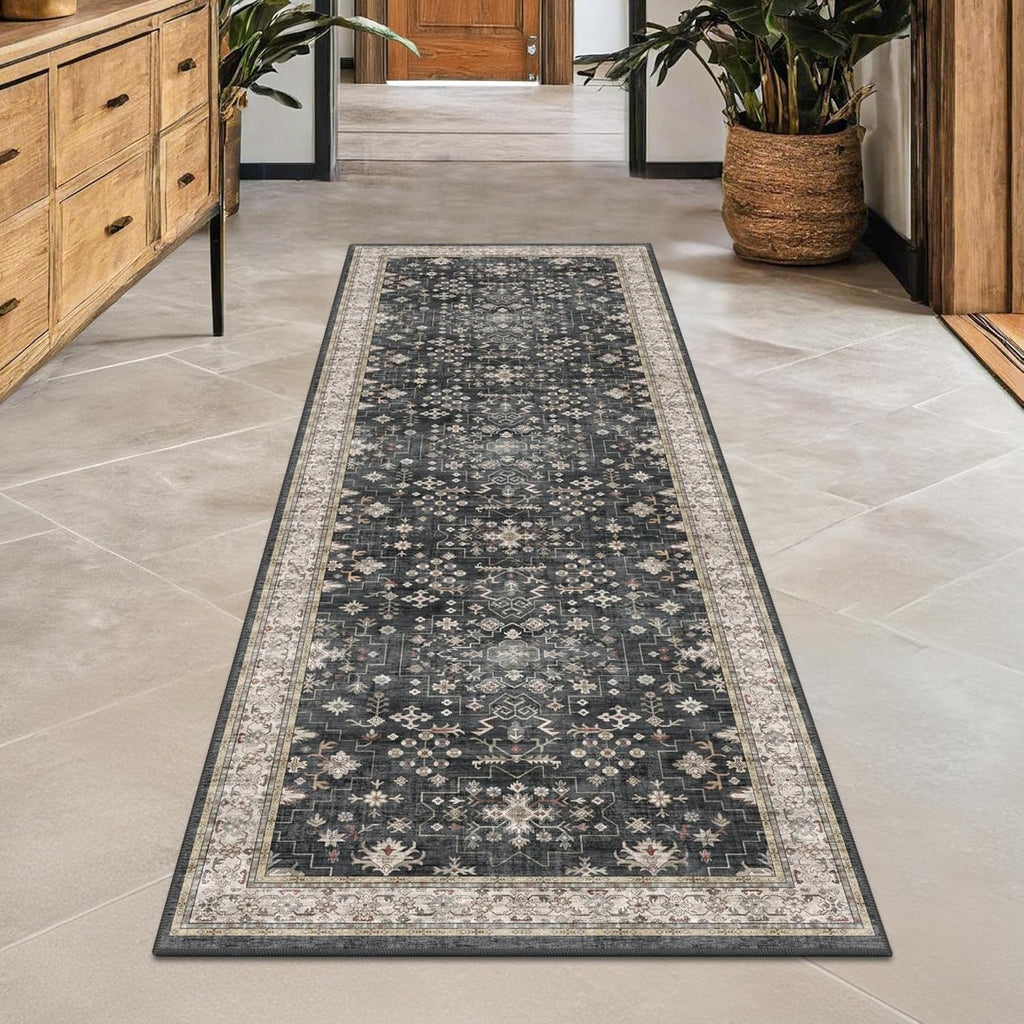 Skiennix Black Boho Runner Rug - Washable, Non-Slip, Soft & Stain Resistant | 2x6 ft for Hallway, Kitchen & Bedroom