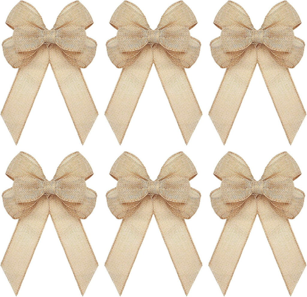 Xinnun Christmas Burlap Bows - Handmade Rustic Ribbon Ornaments for Tree & Wreath Decor | Set of 6, Beige
