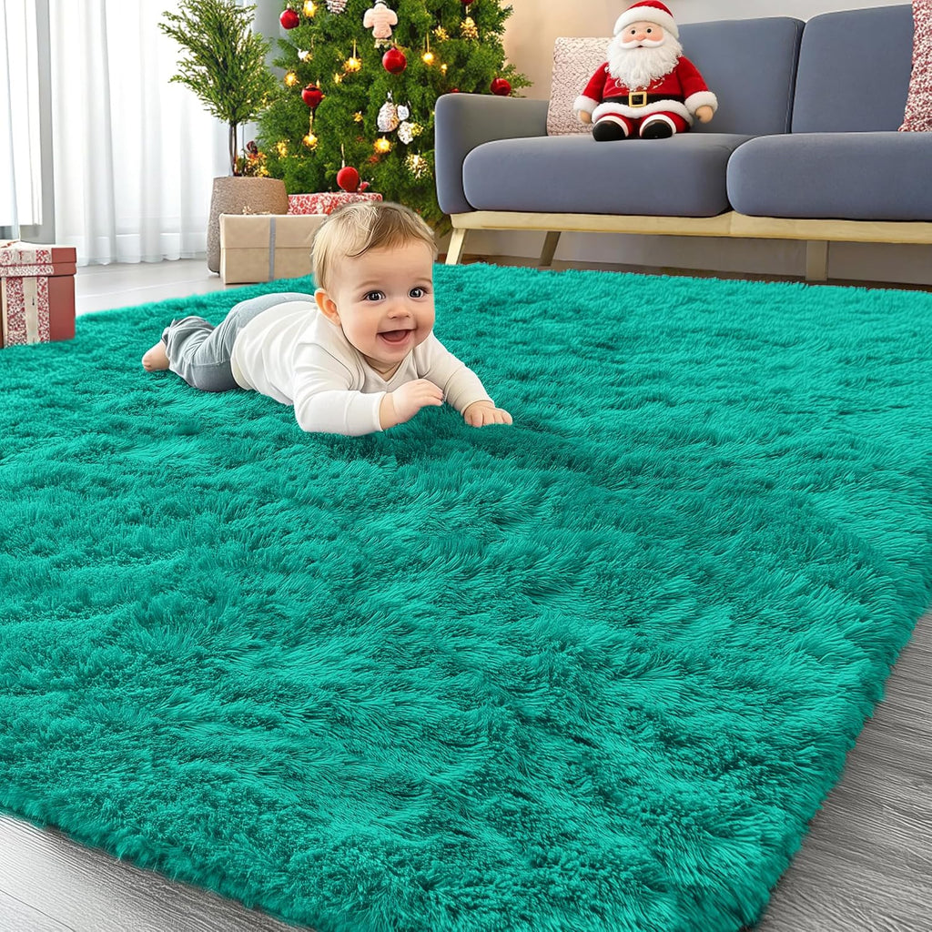 OLANLY Area Rugs - Soft Fluffy Shaggy Carpet for Living Room & Bedroom | Machine Washable 4x5.9 ft in Teal Green