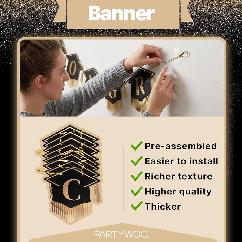 PartyWoo Graduation Decorations - Class of 2026 Black & Gold Banner Set for High School & College Celebrations