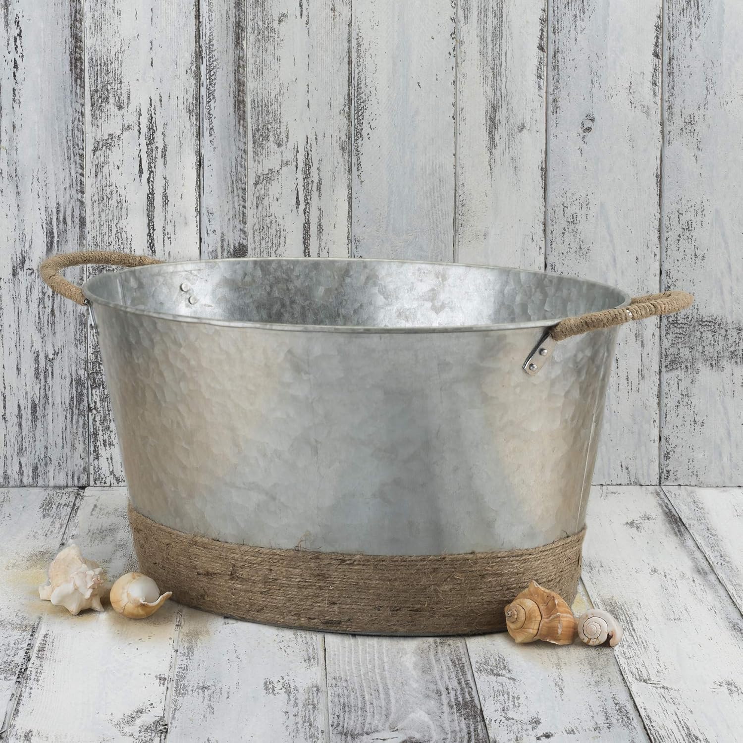 Twine Seaside Jute Rope Wrapped Farmhouse Galvanized Ice Metal Beverage Tub, Wine, Beer Bottle Bucket, 4.5 Gallons