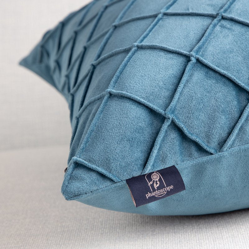 Blue Pleated Velvet Pillow Covers 18x18 Set of 2 - Decorative Throw Pillow Cases for Couch & Bed