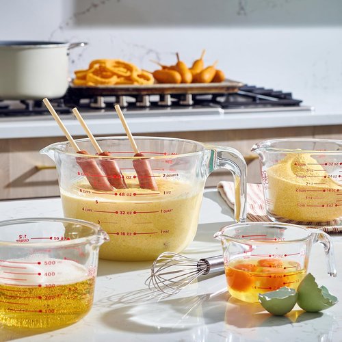 Le'raze Glass Measuring Cups Set - 3-Piece Kitchen Mixing Bowls with Spoons & Whisk | Clear, Multi-Size