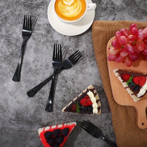 Minatee 50 Pcs Plastic Forks Disposable Cutlery Heavy Duty Dinnerware Plastic Silverware Flatware for Parties Supplies Dessert Picnics Holiday House(Black)