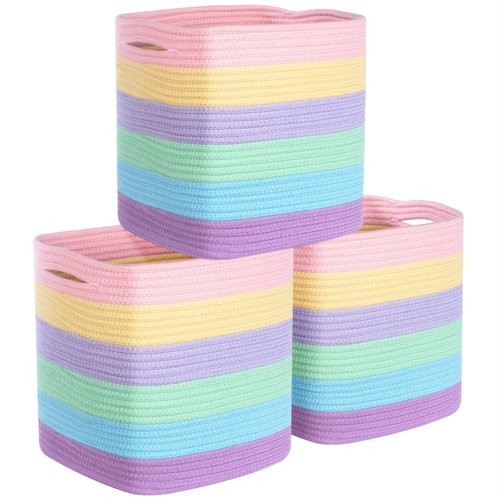 MINTWOOD Design 3-Pack 11x11in Woven Cube Storage Bin and Shelf Baskets, Cute Decorative Square Organizer for Closet, Classroom, Bathroom, Dog and Cat Toys, and Books, Pastel Rainbow