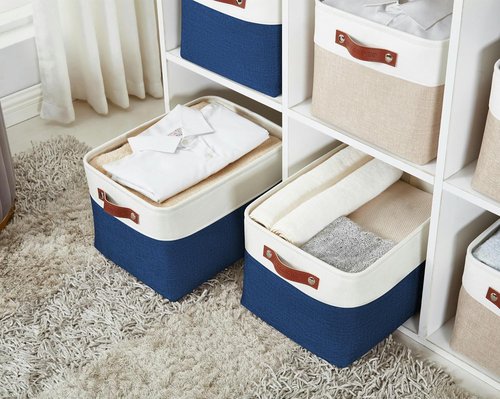 DECOMOMO Storage Baskets - Large Fabric Storage Bins for Organizing Linen Closets | Navy Blue & White - 3 Pack
