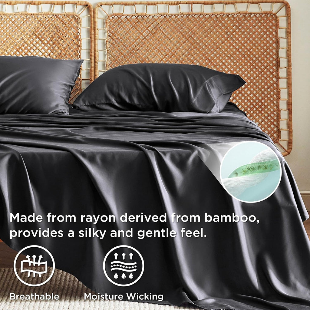 PureWoven King Size Sheet Set - Cooling Rayon Bamboo Sheets, Deep Pocket, Breathable & Soft, Black