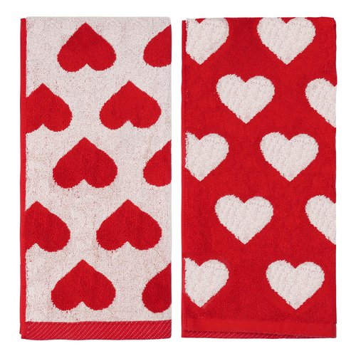 Sucrain 2Pcs Valentine’s Day Hand Towels Red White Hearts Cotton Bathroom Decorative Towels Set for Drying, Cleaning, Cooking, Holiday 13.8'' x 28.7''