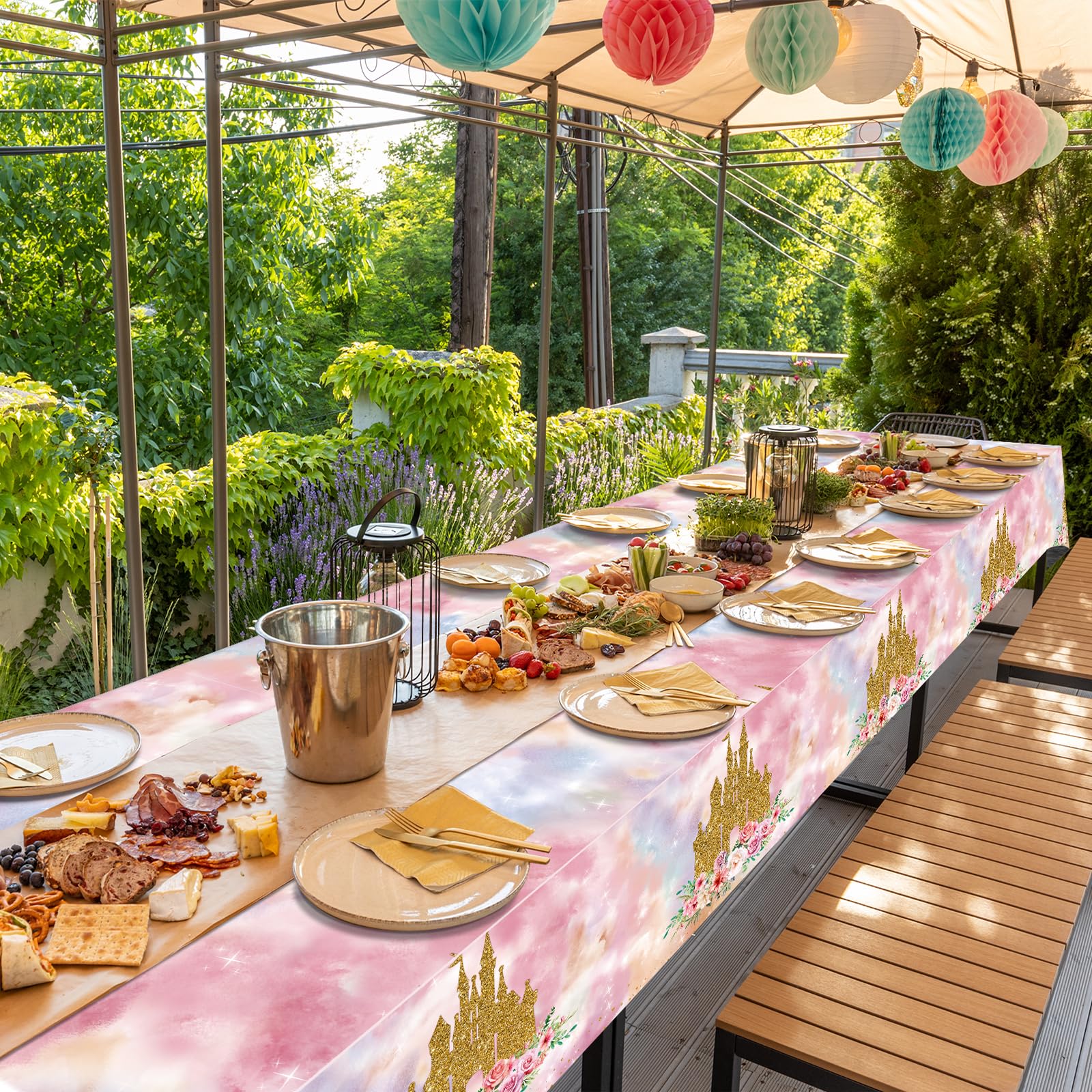 1 Pack Princess Tablecloths Birthday Decorations,Plastic Pink Rose Castle Table Cloth for Parties,Disposable Rectangle Floral Table Cover for Baby Shower Girls Birthday Party Supplies,54x108 Inch