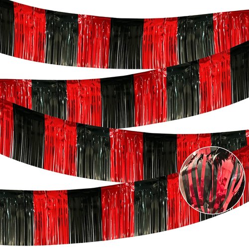 4 Pack 10 Feet Black Red Parade Floats Foil Fringe Garland Metallic Tinsel Streamers Banner Fringe Curtain Banner for Halloween Graduation Homecoming Birthday Party Decorations (Black, Red)
