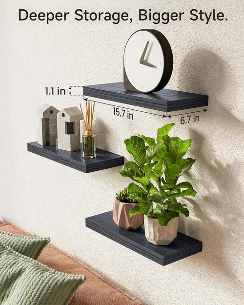 BAYKA Floating Shelves - Rustic Wall-Mounted Wood Shelves for Home Decor | Set of 3, 15.7in, Black